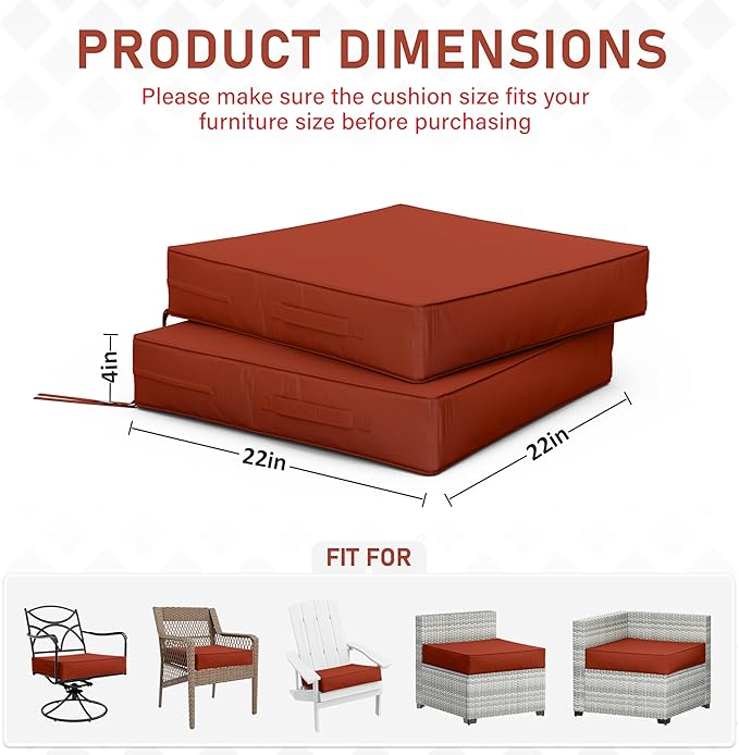 Patio Chair Cushions 22 X 22 X 4 Inch Waterproof Outdoor Seat Cushions for Patio Furniture, Outdoor Sofa Couch Pads with Ties & Handle, Set of 2, Terra Red-VerdiqueGarden