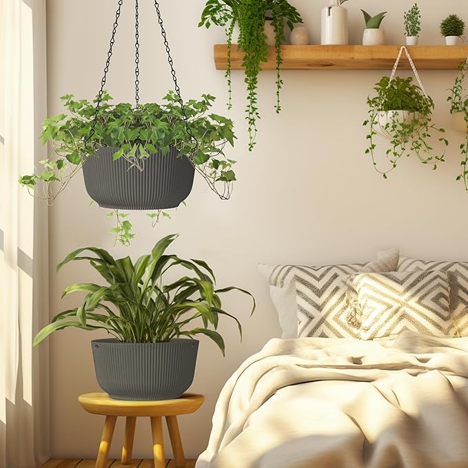 T4U 8 Inch Hanging Planters for Indoor Outdoor Plants, Self Watering Hanging Pot Pack of 2, Hanging Pots with Drainage Hole & Plug & Chain with 3 Hooks for Garden Home Decor, Grey-VerdiqueGarden