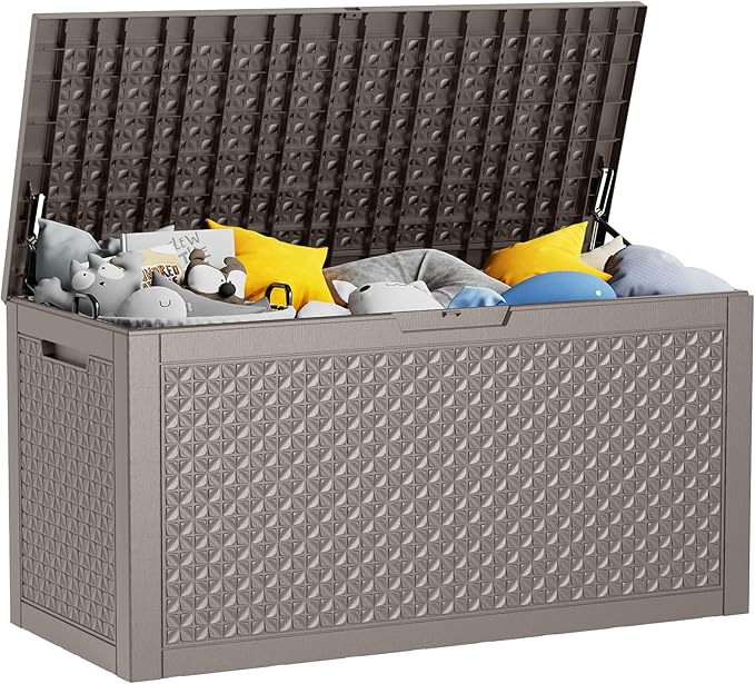 100 Gallon Resin Deck Box, Lockable Outdoor Storage Box for Patio Cushions Storage Furniture,Garden Tools, Pool Supplies, Weatherproof and UV Resistant (Grey L)-VerdiqueGarden