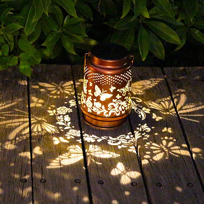 2 Pack Solar Butterfly Lanterns Outdoor Hanging Decor Lantern,Waterproof Hollow Out Retro Metal Decorative Garden Light,Graceful Decoration for Patio,Yard,Landscape,Festival-VerdiqueGarden