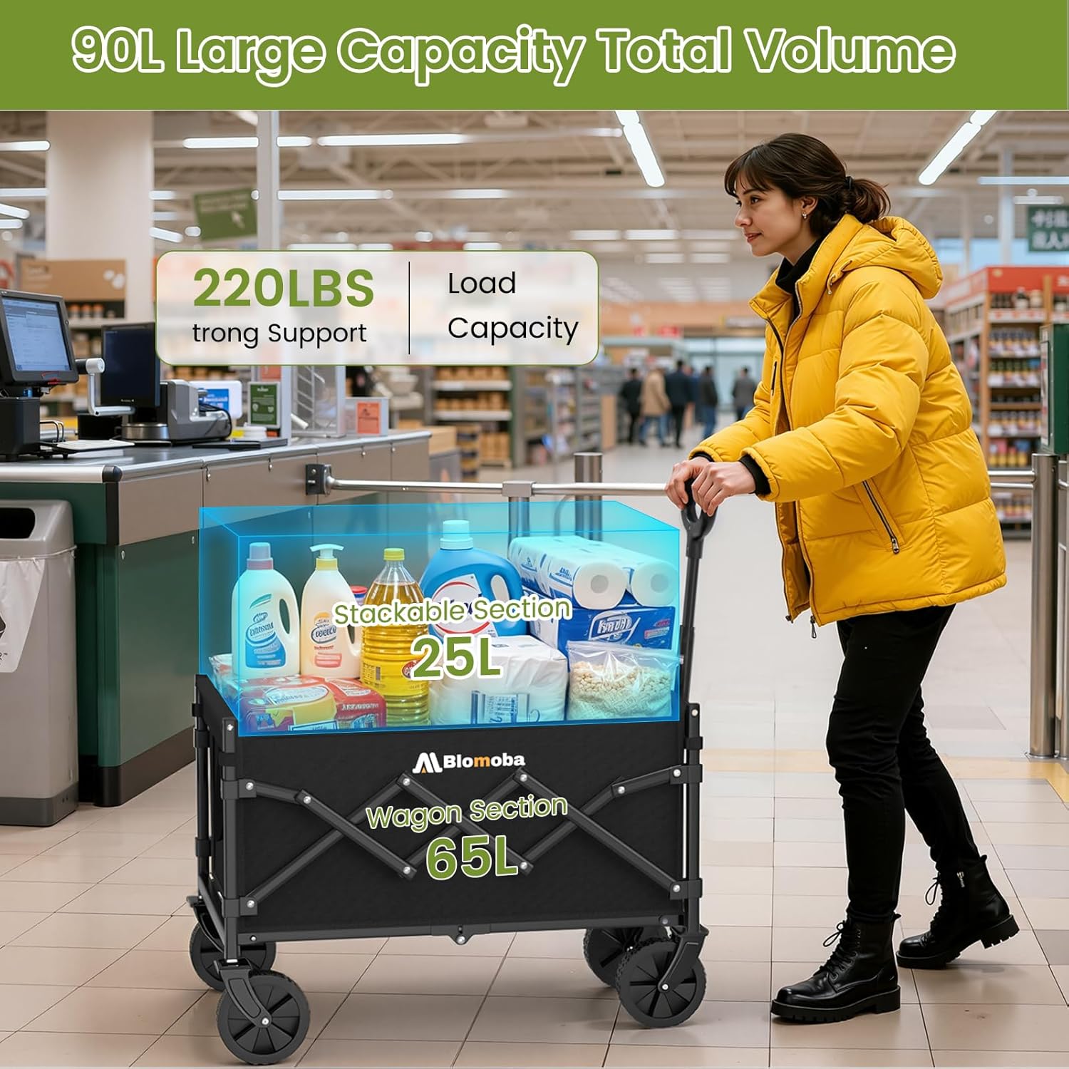 Collapsible Wagon with Wheels, 220 lbs Wagons Carts Foldable Wagon Cart with Flexible Handle, Lightweight Portable Folding Utility Grocery Shopping Cart for Grocery Sports Garden Camping-VerdiqueGarden