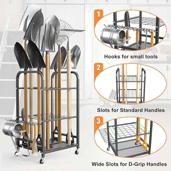 TORACK Garden Tool Organizer Stand with Wheels, Rakes Shovels Yard Tools Stand for Garage, Shed, Garden, Indoor/Outdoor Long-Handled Tools Cart-VerdiqueGarden