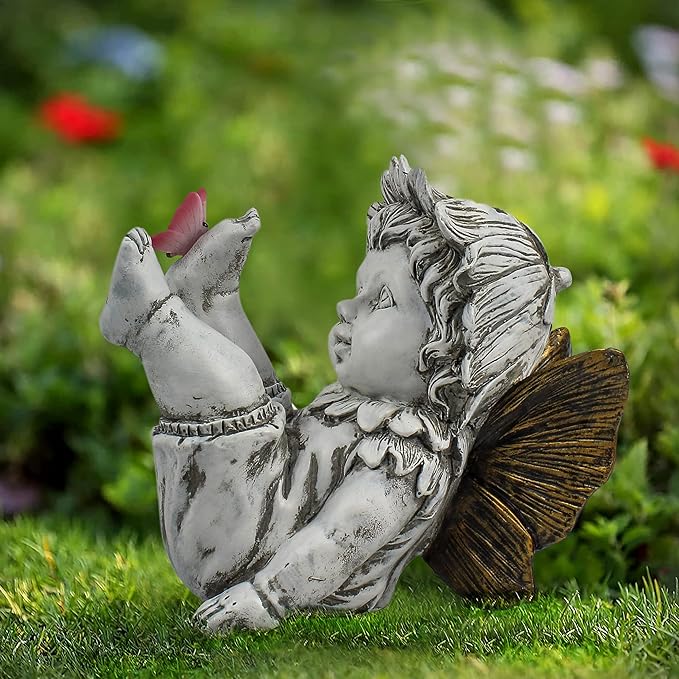 Garden Fairy Outdoor Solar Decor, Resin Ornaments for Patio Lawn Yard Porch, Playful Garden Flower Fairy Statues for Outside Angel Gifts, 7.91 Inches Tall-VerdiqueGarden