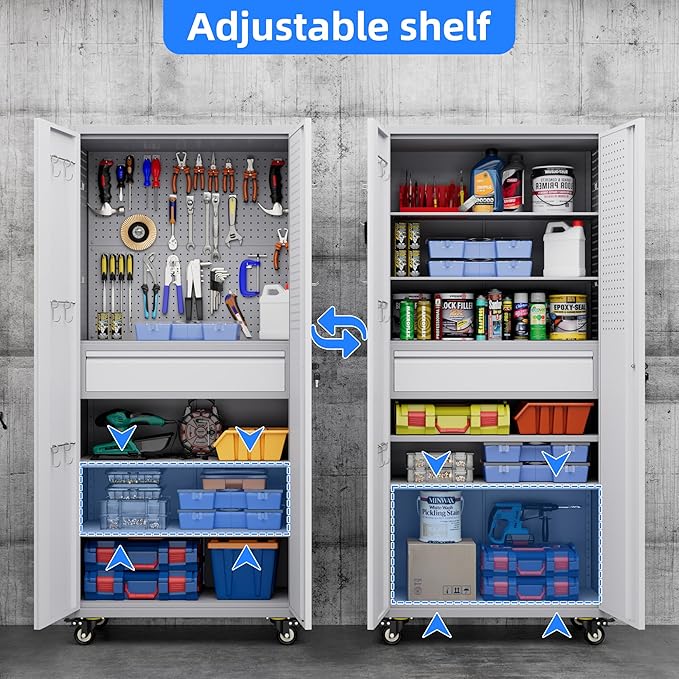 Garage Storage Cabinet with Locking Doors and 2 Adjustable Shelves, 71" H Metal Rolling Tool Storage Cabinet with Wheels, Drawer, Pegboard and 16 Hooks for Garage, Warehouse, White and Gray-VerdiqueGarden