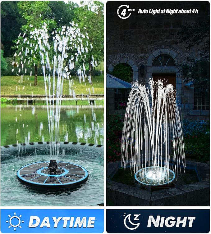 Solar Fountain Glass Panel with 2200 mah Battery, 3.5W Floating Solar Water Fountain with 4 Fixed Rods, Solar Fountain Pump for Bird Bath, Garden, Pond, Pool, Outdoor-White Lights-VerdiqueGarden