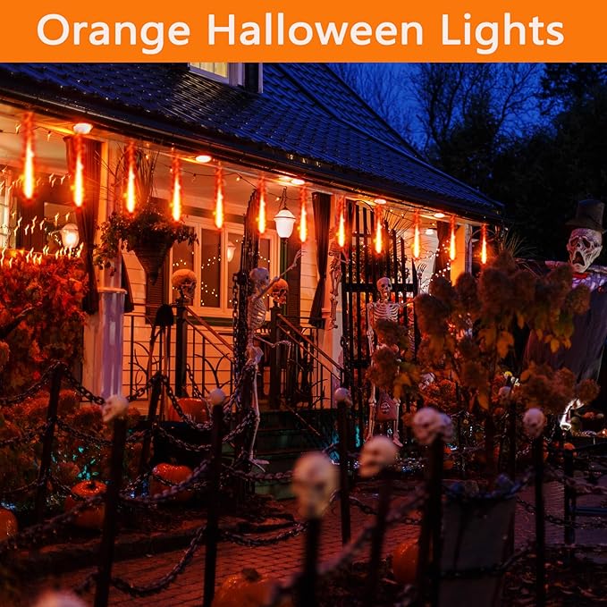 Halloween Decorations Outside, 16 Inch 256 LED Meteor Shower Orange Halloween Lights Outdoor for Yard Tree Windows Eaves, Falling Rain Lights for Christmas Halloween Thanksgiving Fall Decor, UL Plug-VerdiqueGarden