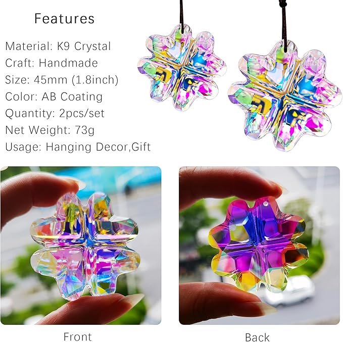 HDCRYSTALGIFTS 2PCS Crystal Prisms Suncatchers for Windows Christmas Ornaments,Lucky Four Leaf Clover Rainbow Maker Hanging Prism Sun Catchers for Home Garden Decoration,45mm-VerdiqueGarden