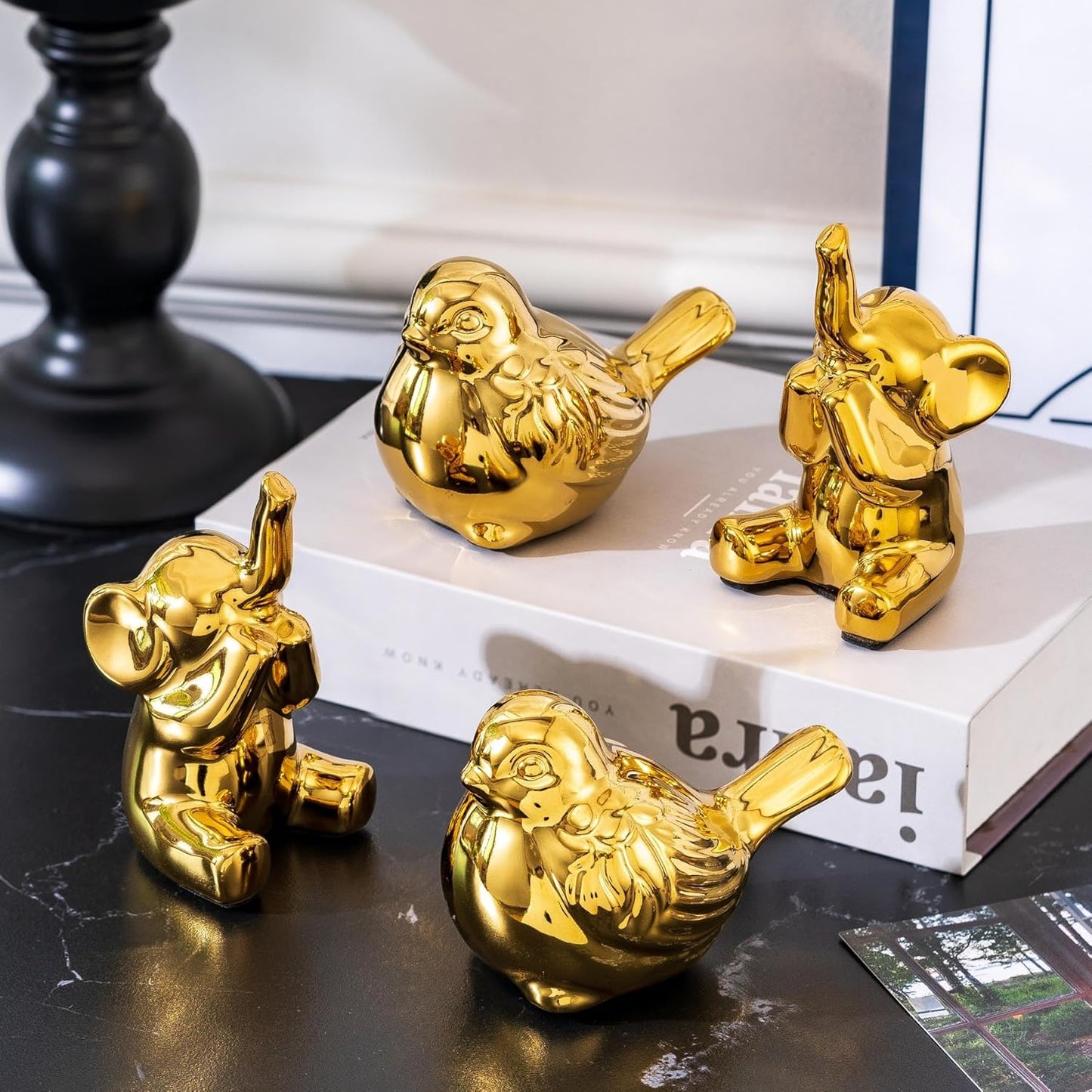 Loving Pair of Small Gold Elephant Statues Gold Home Decor Modern Boho Style Figurine Decorative Ornaments for Living Room, Bedroom, Office Desktop, Cabinets, Shelf-VerdiqueGarden
