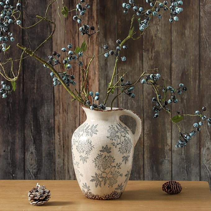 Enra Vintage vase with Handle,Blue and White Ceramic Decorative Flower vase, Chinoiserie Floral Vase,Large Rustic Vases for Home Decors, Living Room, Bookshelf, Office，9.7 inch-VerdiqueGarden