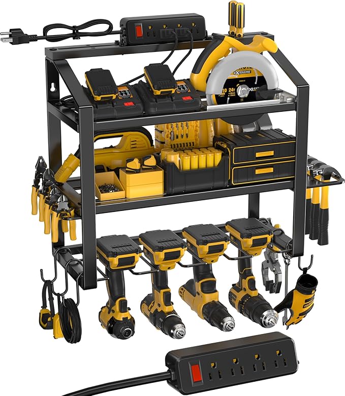 Power Tool Organizer With Charging Station, Heavy Duty Steel 4 Slots, Tool Battery Holder with 4 Outlet Power Strip, Easy To Install Garage Storage Rack for Workshop/Shed Gift For Men-VerdiqueGarden