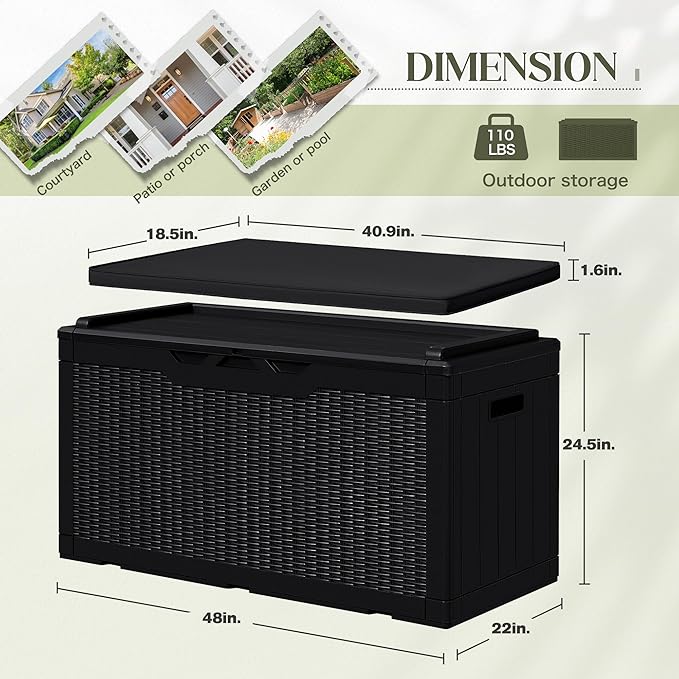 Greesum 100 Gallon Resin Deck Box Large Outdoor Storage with Cushions for Patio Furniture, Garden Tools, Pool Supplies, Weatherproof and UV Resistant, Lockable, Black-VerdiqueGarden