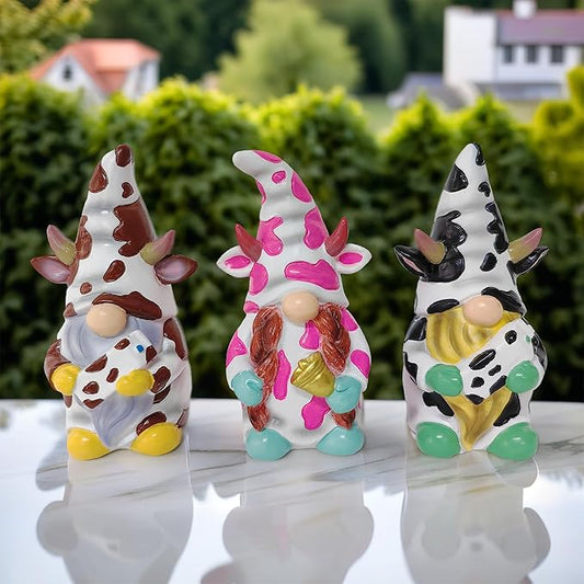 Spring & Summer-Themed Garden Statues – Adorable Outdoor Decor for Lawn, Patio & Porch (Cow Gnome Trio Mini Statue Set of Three, 5" Miniature Figurine and Unique Farm Resin Garden Statue)-VerdiqueGarden