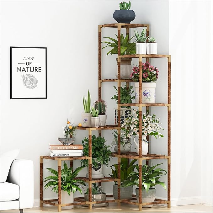 HOMKIRT Plant Stand Indoor Outdoor, 14 Tier Large Corner Plant Stand Tall Plant Shelf Rack Flower Stand For Multiple Plants, Wood Plant Holder Ladder Table Display For Patio Garden Balcony Window-VerdiqueGarden