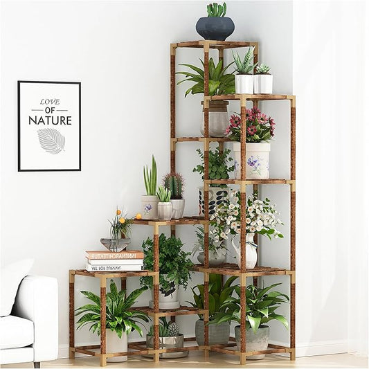 HOMKIRT Plant Stand Indoor Outdoor, 14 Tier Large Corner Plant Stand Tall Plant Shelf Rack Flower Stand For Multiple Plants, Wood Plant Holder Ladder Table Display For Patio Garden Balcony Window-VerdiqueGarden