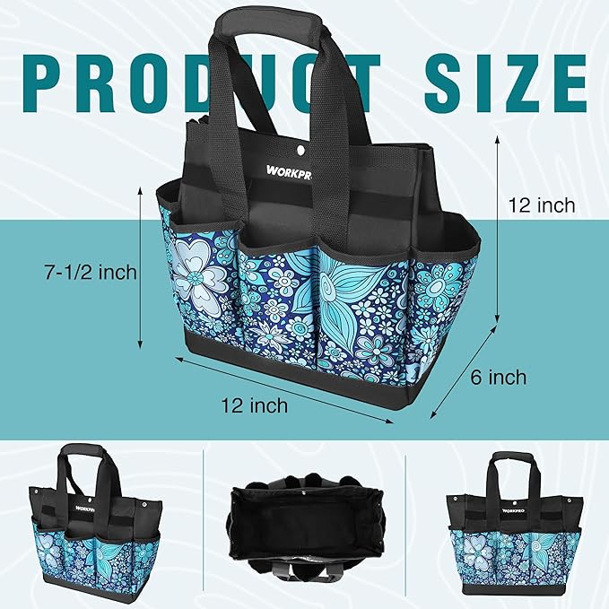 WORKPRO Garden Tool Bag, 9 Pockets Gardening Bag, Heavy Duty Oxford Garden Tote Caddy (Tools NOT Included), 12" x 12" x 6" (Floral Blue)-VerdiqueGarden