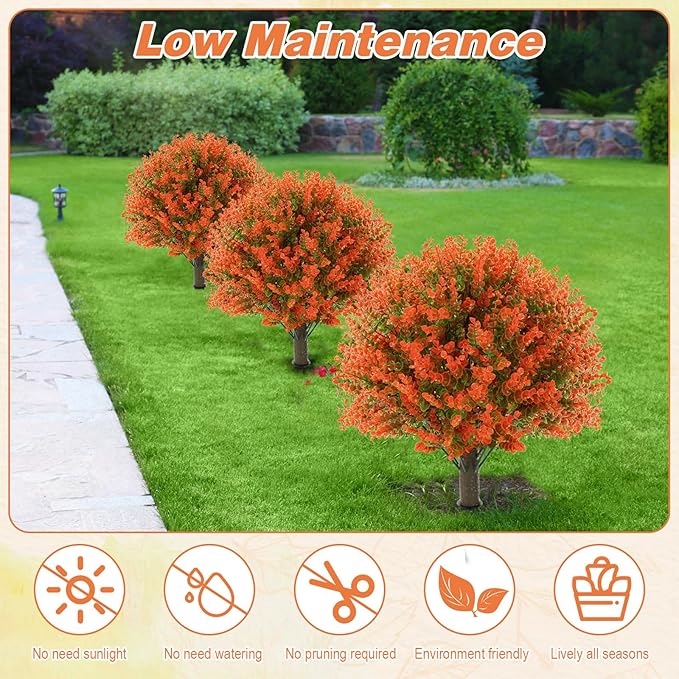 Yunlly 4 Pcs 18 Inch Fall Artificial Boxwood Ball Topiary Tree Outdoor Plants Bush, UV Resistance Faux Shrub with Spike Fall Porch Decor for Indoor Garden Yard Porch Patio Decor (Orange)-VerdiqueGarden