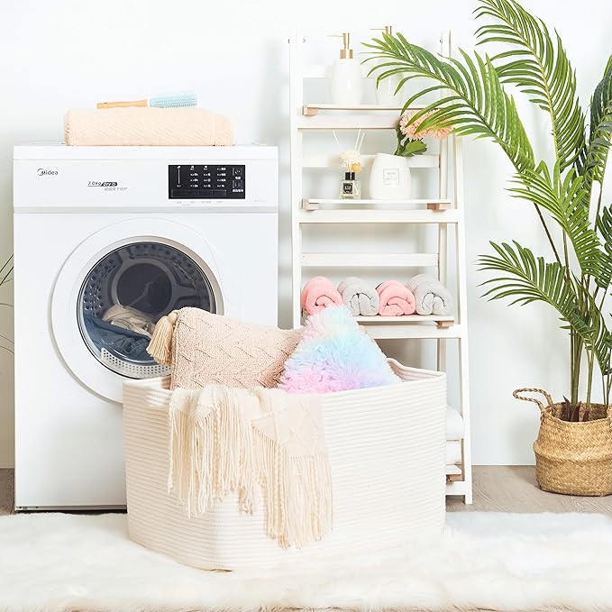 MINTWOOD Design 22in Extra Large Blanket Basket Holder Living Room, Rectangle Rope Woven Storage Basket with Handles for Laundry, Pool Towels, and Shoes, Dog Toy Organizer Bin Box, Creamy White-VerdiqueGarden