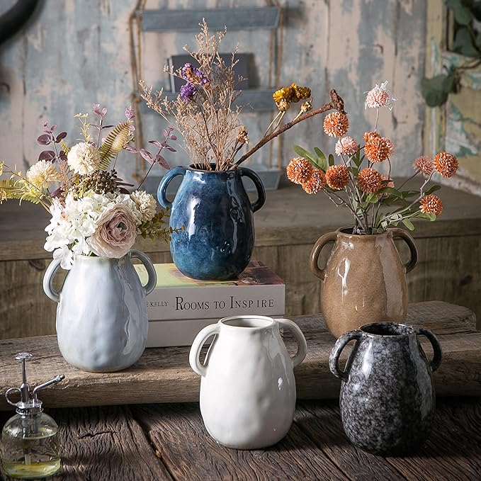 Gray Ceramic Vase with 2 Handles, Modern Farmhouse Decor, Rustic Terracotta Pottery, Decorative Flower Vases, Clay Small Vase, Centerpiece for Dining Table - 7 Inch Tall-VerdiqueGarden