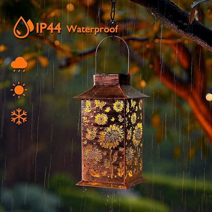 Homemory Sunflower Solar Lanterns Waterproof, Metal Hanging Hollowed-Out Metal Decor Lantern, LED Outdoor Decoration for Outside LED Lanternse for Yard, Backyard, Porch, Lawn-VerdiqueGarden