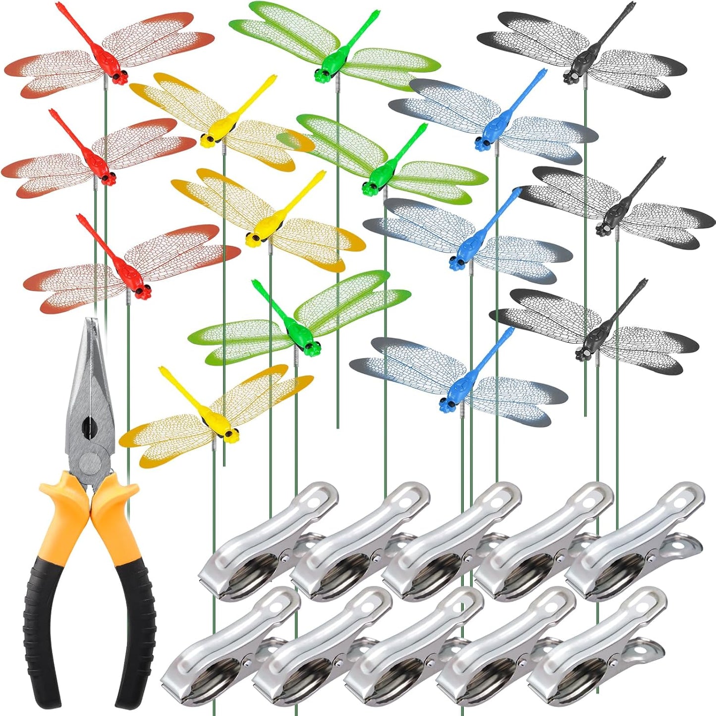 NiHome 15PCS Decorative Dragonflies with 10 Clips Decor for Garden, 9.8" Long Multicolor Waterproof Outdoor & Indoor Use, Versatile Clip-On Plant Decoration, Includes Pliers for Easy Attachment-VerdiqueGarden