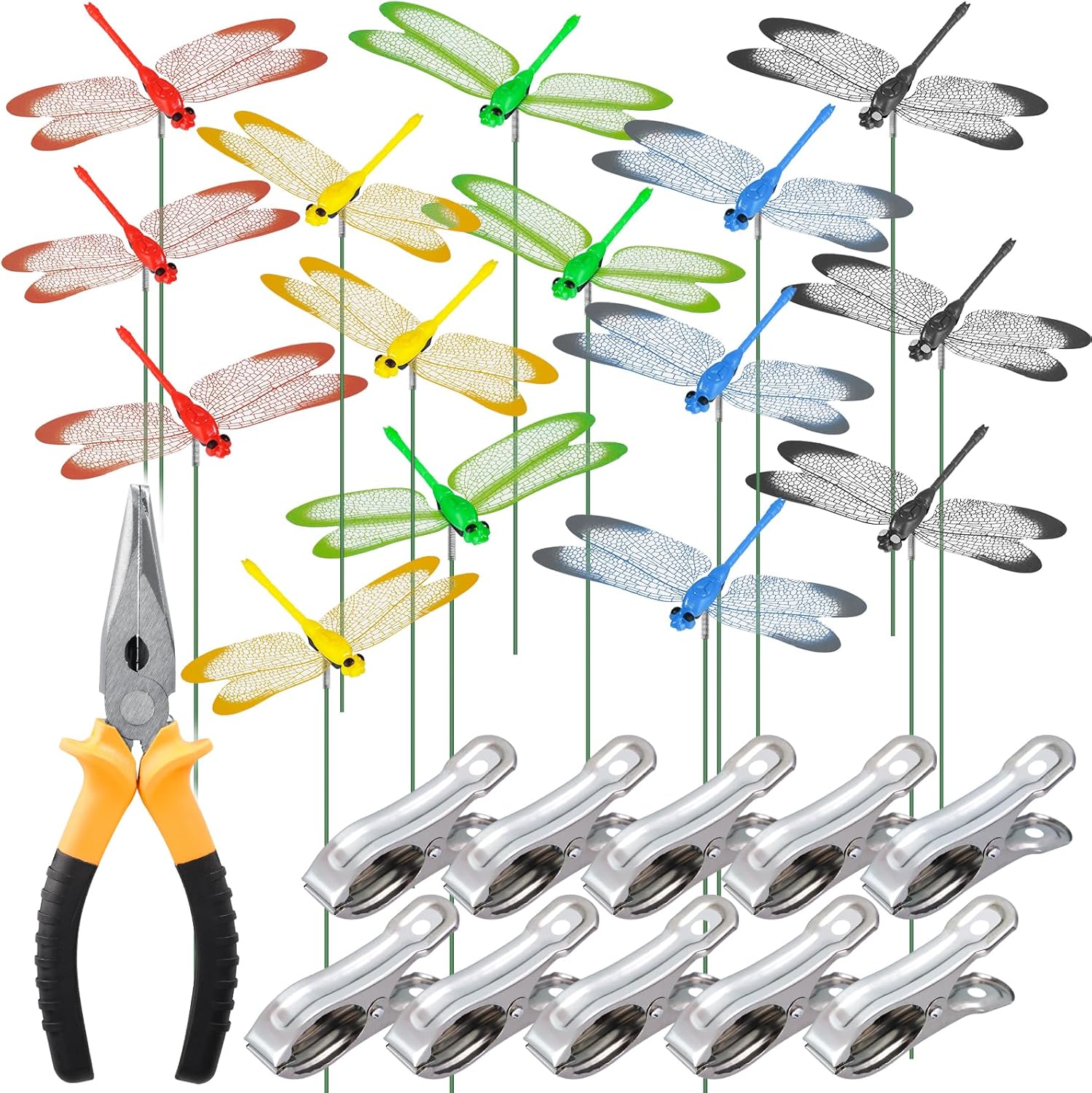 NiHome 15PCS Decorative Dragonflies with 10 Clips Decor for Garden, 9.8" Long Multicolor Waterproof Outdoor & Indoor Use, Versatile Clip-On Plant Decoration, Includes Pliers for Easy Attachment-VerdiqueGarden