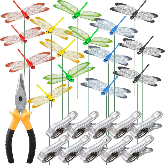 NiHome 15PCS Decorative Dragonflies with 10 Clips Decor for Garden, 9.8" Long Multicolor Waterproof Outdoor & Indoor Use, Versatile Clip-On Plant Decoration, Includes Pliers for Easy Attachment-VerdiqueGarden