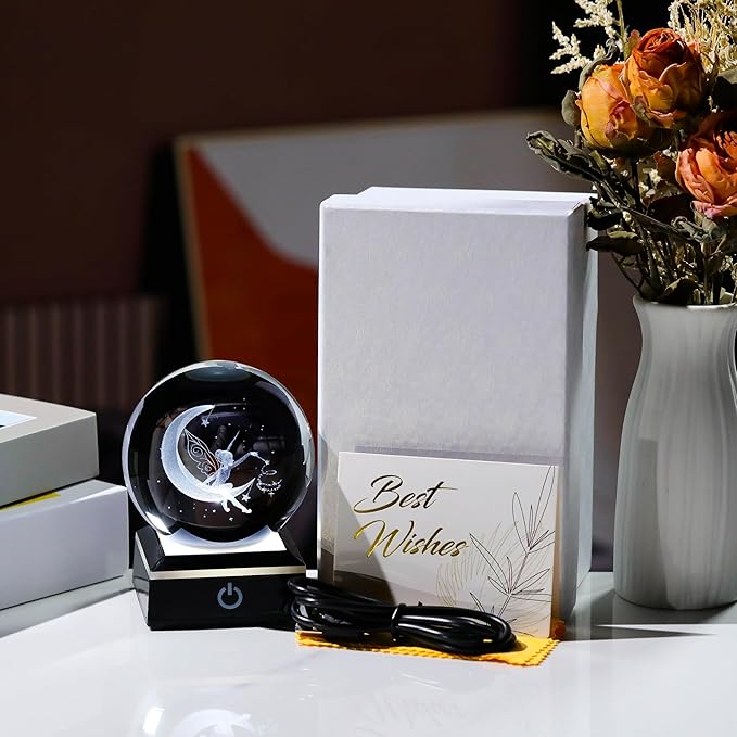 Qianwei Moon Fairy 3D Crystal Ball Laser Engraved Fairy Glass Ball Fairy Night Light Decorative Globes 3D Crystal Moon Sphere Fairy Gifts for Girl Her Fairy Lover-VerdiqueGarden