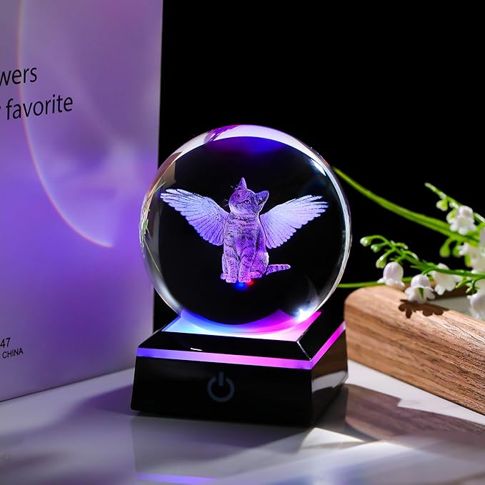 Qianwei Cat Memorial Gifts for Loss of Cat - Pet Memorial Cat Angel Statue 3D Crystal Engraved Office Decor - Remembrance Bereavement Passing Away Sympathy Gifts in Memory of Death-VerdiqueGarden