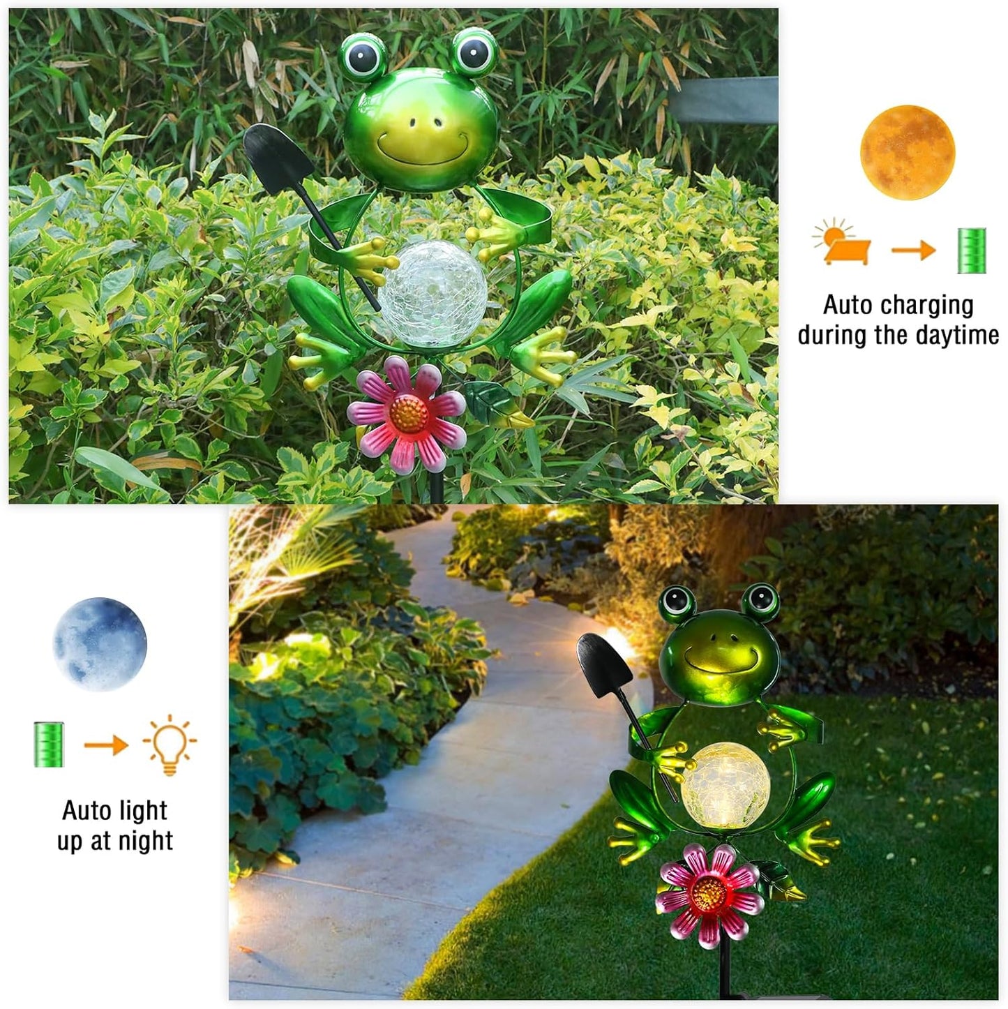 Bshine Frog Solar Light Outdoor Garden, Cracked Glass Metal Solar Garden Stakes for Pathway, Backyard Decoration, Yard Art, Lawn Ornaments, Frog Gifts for Women, Mom, Frog Lovers-VerdiqueGarden
