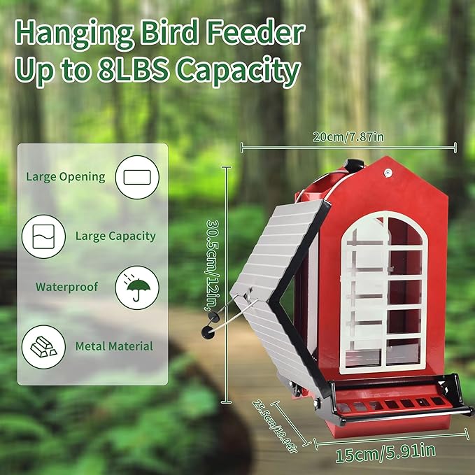 Bird Feeder Squirrel Proof Metal Hanging for Outdoor Wild Bird Seed, 5LBS with Bilateral Weight-Activated Perches, Heavy Duty Bird Feeders for Outside Wild Bird - Red-VerdiqueGarden