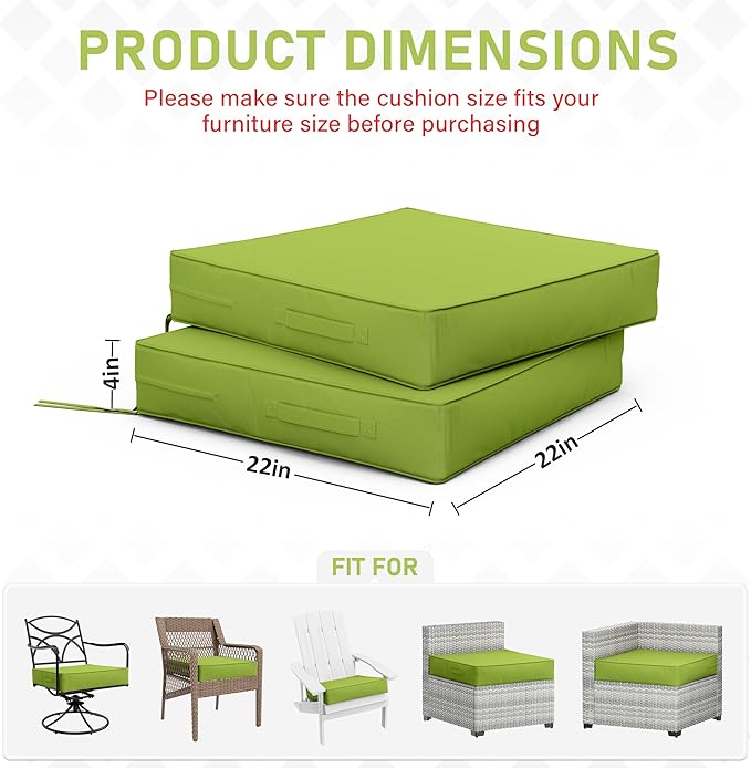 Patio Chair Cushions 22 X 22 X 4 Inch Waterproof Outdoor Seat Cushions for Patio Furniture, Outdoor Sofa Couch Pads with Ties & Handle, Set of 2, Grass Green-VerdiqueGarden