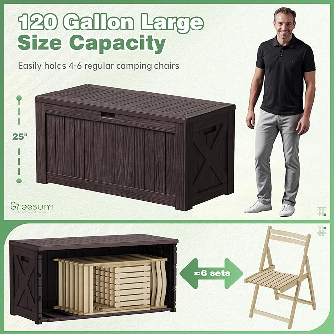 Greesum 120 Gallon Outdoor Storage Box with Lock - Large Resin Deck Box, Reinforced Lid for Garden, Patio, Lawn, Brown-VerdiqueGarden