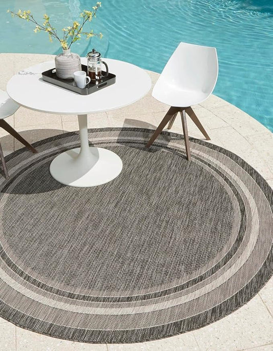 Unique Loom Outdoor Border Collection Area Rug - Soft Border (6' 1" Round Black/Ivory)-VerdiqueGarden