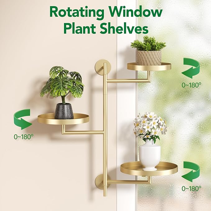 Rotating Window Plant Shelves, 3-Tier Metal Plant Shelf Indoor, Gold Plant Stand, Plant Rack for Wall Planters for Plants Window Sill Gifts for Plant Lovers-VerdiqueGarden