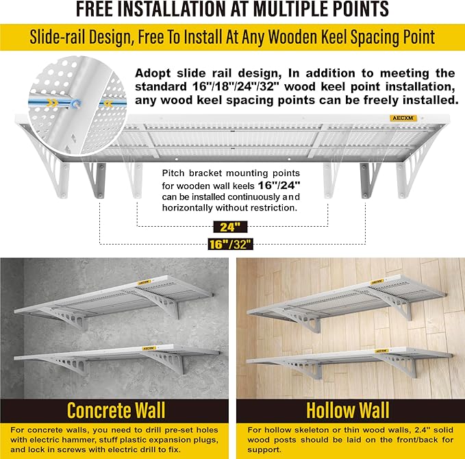 2-Pack 1.64x4ft Adjustable Garage Wall Shelving 560lbs Load Capacity Heavy Duty Wall Mounted Storage Shelf Metal Floating Shelves for Garage(White)-VerdiqueGarden
