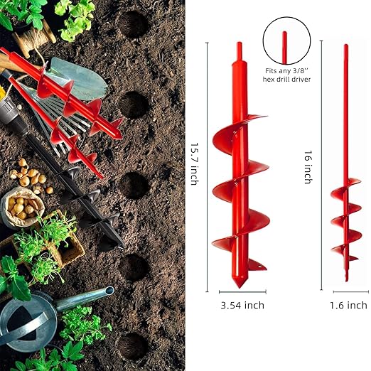 Garden Auger Drill Bit for Planting-1.6x16'' & 3.54x15.7,Ground Earth Spiral Drill Bit for 3/8" Hex Drive Drill, Yard Auger Drill for Bulbs Planting, Hole Digger Flowers,Umbrella Holes,Bedding Digging-VerdiqueGarden