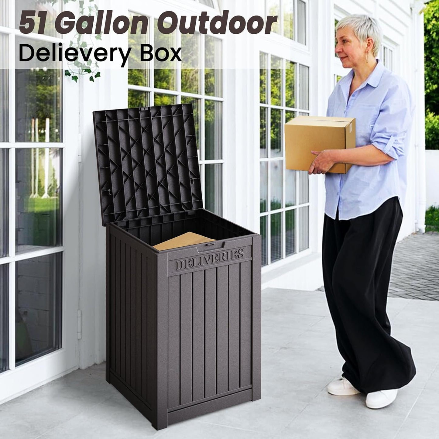 55 Gallon Coffee Resin Deck Box - Lockable, Rust-Resistant Outdoor Storage for Gardens & Patios - Waterproof Bench-Style Box with Handles-VerdiqueGarden