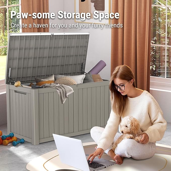 Mars Villa 180 Gallon Outdoor Storage Box Waterproof, Extra Large Resin Deck Box, Outside Storage Bin for Patio Furniture Cushions, Pool Supplies, Sports Gear, UV Resistant and Weatherproof, Greige-VerdiqueGarden