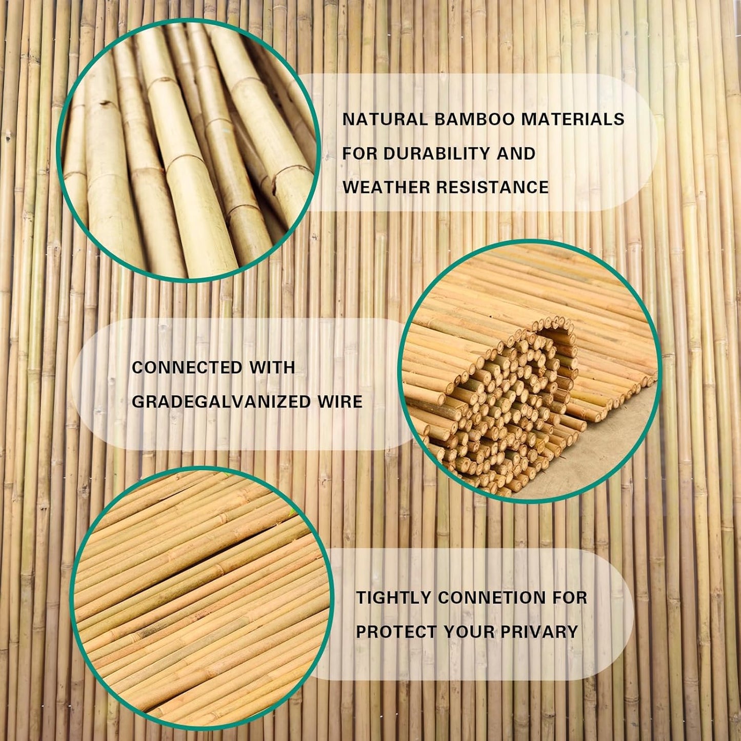 Natural Bamboo Fence 6ft H x 8ft L x 0.7In D, Eco-Friendly Privacy Fence for Outdoor Wall, Garden, Yard, Pool, Patio, Decorative Bamboo Fencing-VerdiqueGarden