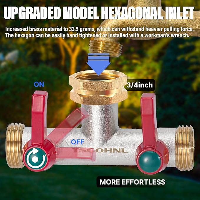 Hose Splitter, 180 Degree T Type Water Hose Splitter, Faucet Splitter 2 way 3/4" GHT Thickened Hexagonal Water Inlet with 2 More Extension Handles-VerdiqueGarden