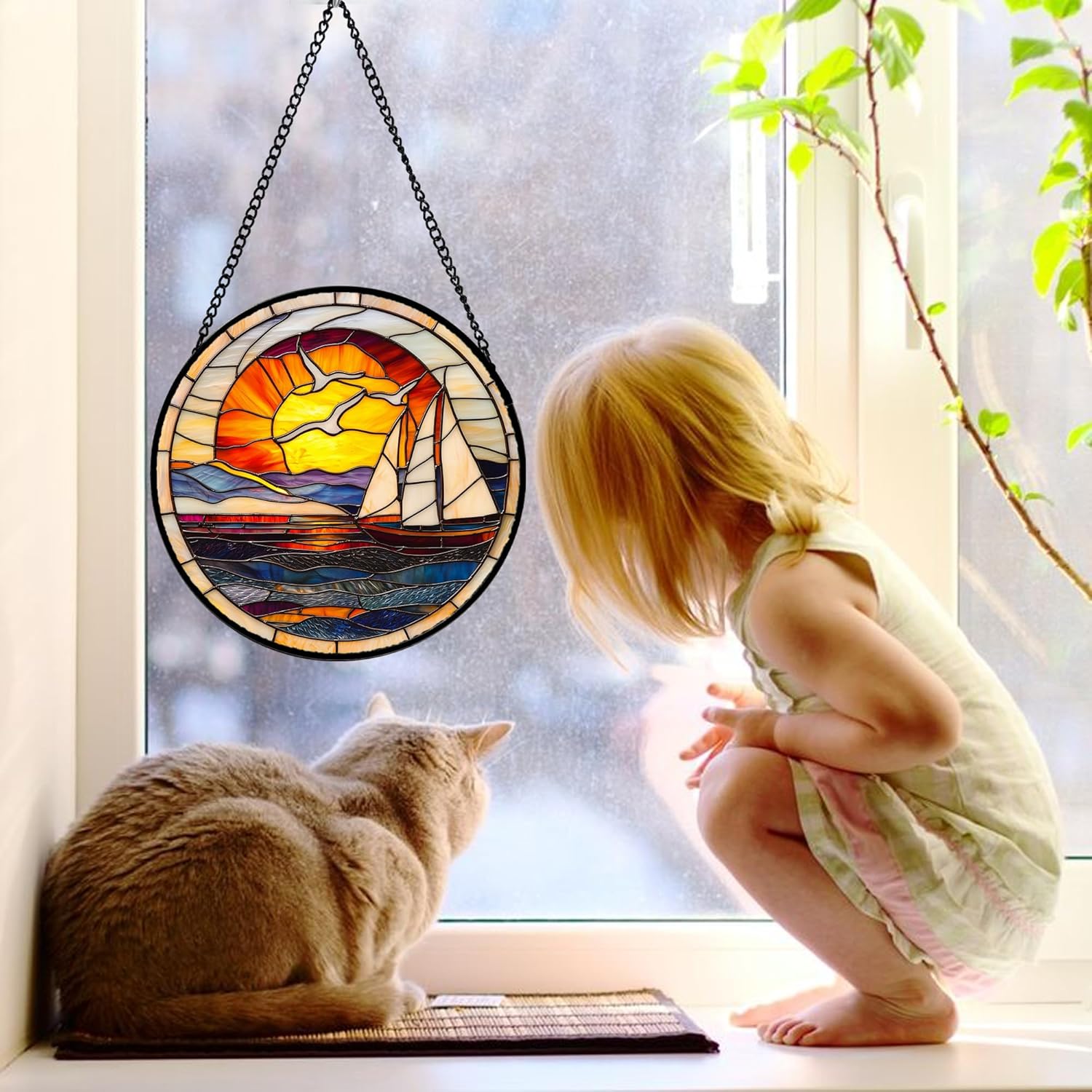 Stained Glass Window Hanging, Sun Ocean Sailboat Seagull Abstract Suncatcher Diamond Glass Panel Sun Catchers Decor for Birthday for Women, Men, Wife, Aunt, and Mom 6.3 in-VerdiqueGarden