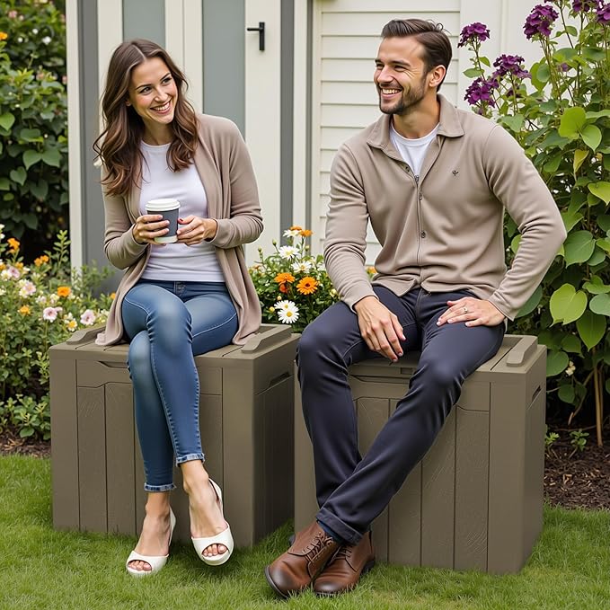 Greesum 31 Gallon Deck Box for Outside, All Weather Outdoor Storage Boxes for Patio Furniture Set, Package Delivery Box, Garden Tools, Light Coffee(Set of 2)-VerdiqueGarden
