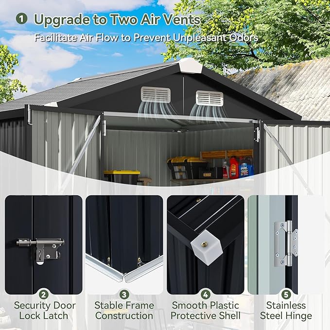 Aoxun 6.2x4 FT Shed Outdoor Galvanized Storage Shed with Large Lockable Doors for Lawn, Backyard, Patio (Black)-VerdiqueGarden