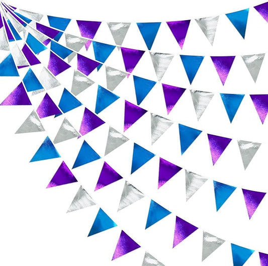 Frozen Party Decoration Purple Blue Silver Metallic Fabric Triangle Pennant Banner Flag Bunting Garland for Frozen Winter Wonderland Christmas Birthday Wedding Baby Shower Bridal Shower Party Supplies-VerdiqueGarden