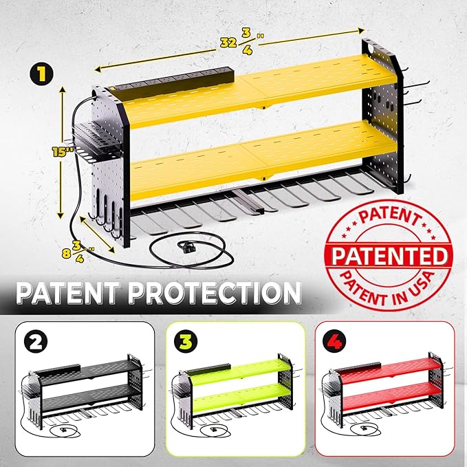 KAFAHOM Power Tool Organizer with Charging Station, Built in 8 Outlet Power Strip,Large 8 Drill Holder Wall Mount, Heavy Duty Metal Power Tool Storage Rack Tool Shelf for Garage Organization Yellow-VerdiqueGarden