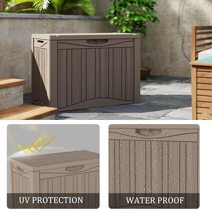 50 Gallon Lockable Resin Deck Box, Waterproof & UV-Resistant Outdoor Storage Box for Outdoor Cushion Storage, Garden Tools & Pool Accessories Storage, Gray-VerdiqueGarden