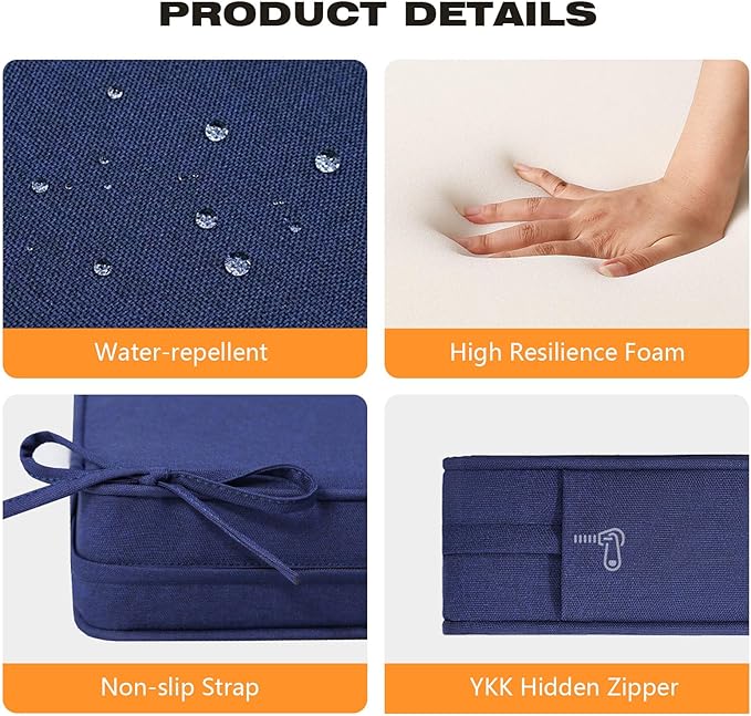 Square Corner Seat Cushions, 18.5" x 16" x 3", Set of 4, Indoor Outdoor Water Repellent Universal Chair Pads with Ties for Patio Furniture, Garden Deck Dining Chairs, Navy-VerdiqueGarden