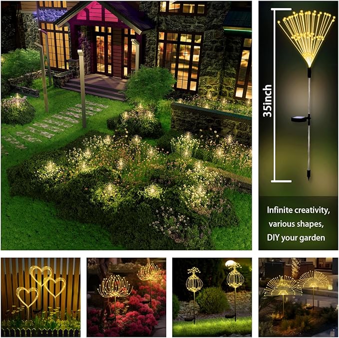 Honche Solar Garden Lights, 2 Pack Decorative Solar Outdoor Lights Weatherproof IP65 8 Lighting Modes Firework Lights for Garden Patio Counrtyards Pathway Parties (WarmWhite-8LightingMode-Oval)-VerdiqueGarden