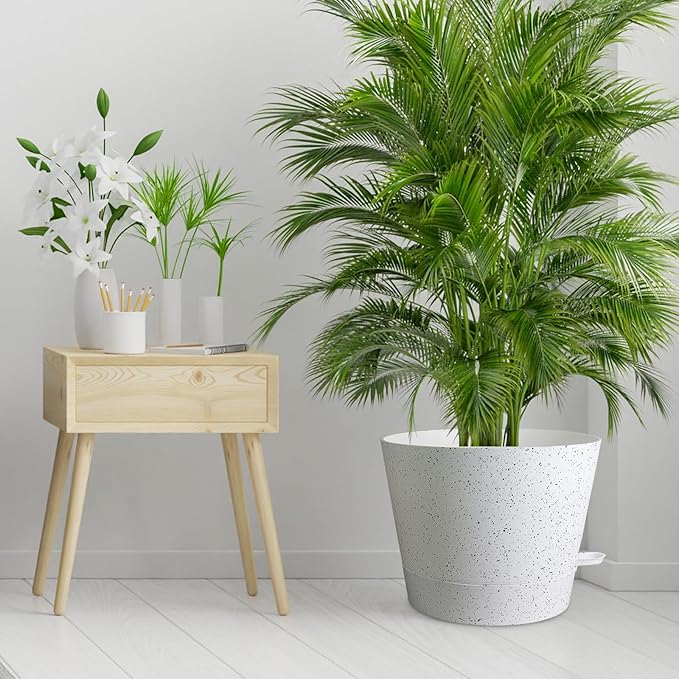 12 inch Large Self Watering Pots, Plant Pots with Mesh Drainage Holes for Indoor Outdoor Plants, Plastic Planters with Deep Reservoir for Garden House Flower Plants, Speckled White-VerdiqueGarden