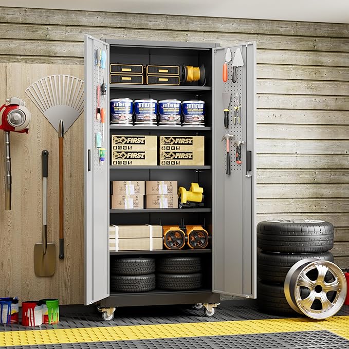 71" H×32" W×16" D Garage Storage Cabinet with Wheels & Pegboard, Locking Metal Storage Cabinet with Doors and 5 Adjustable Shelves & & 4 Hooks for Garage Warehouse Home Office, Black and Gray-VerdiqueGarden